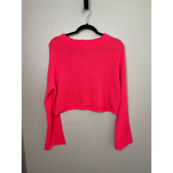 Wild Fable Womens Cropped Knit Sweater M‎ Bright Pink cotton blend long sleeve - Picture 1 of 6